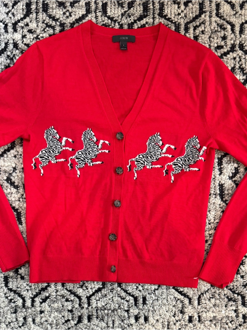 J. Crew Red V-Neck Zebra Design Merino Wool Cardigan